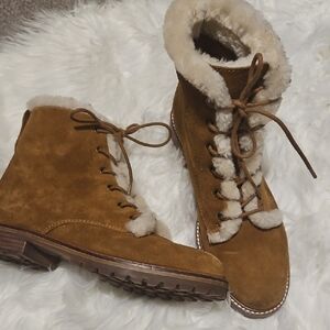 Madewell Tan Suede Lace-Up Shearling Ankle Boots